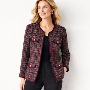 Talbots Tweed Cardigan Jacket Navy Burgundy Red Gray Fully Lined Size 14